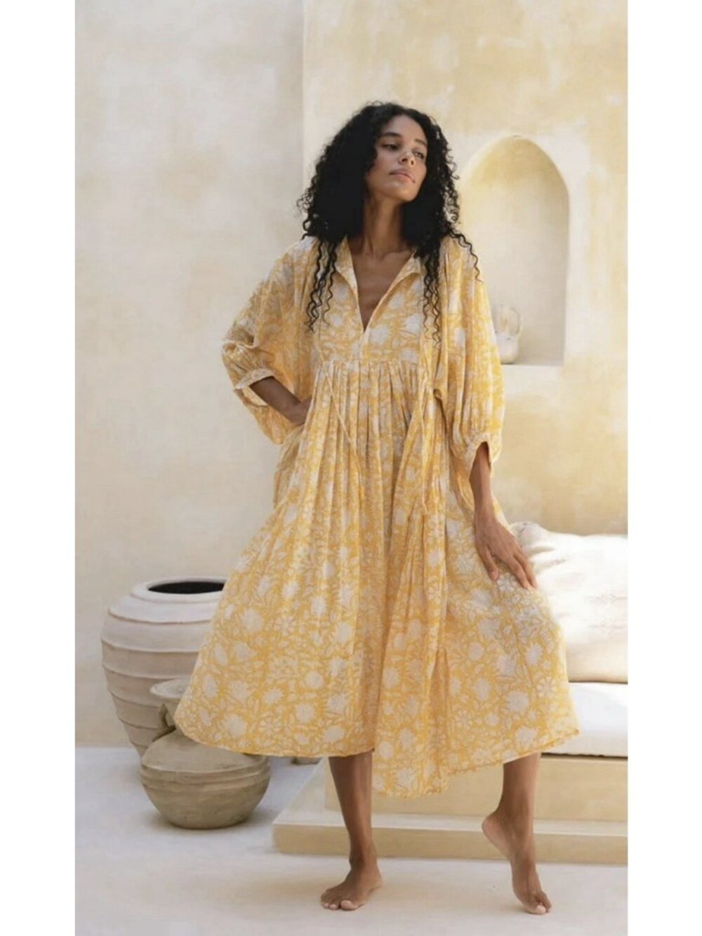 Daughters of India Kyra Midi Dress Cotton Cumin Boho Floral Flowy Yellow S